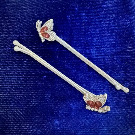 Vintage Sterling Silver & Enamel Butterfly Bobby Pins (Set of 4)