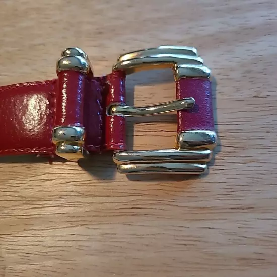 Vintage Women Dressy Red Genuine Leather Belt Gold Buckle S Small 90's 80's