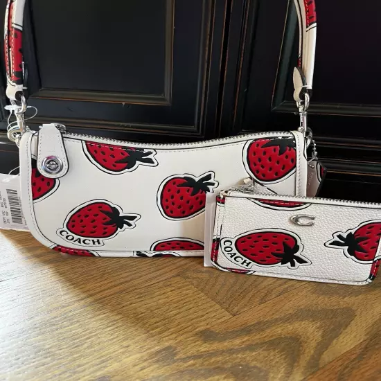 Coach Swinger 20 Strawberry Print Leather Shoulder Bag Purse & ID Wallet Set NWT