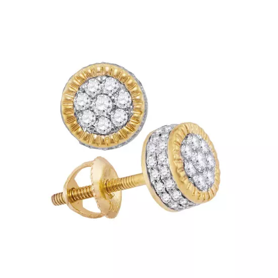 10K Yellow Gold Mens Round Diamond Fluted Flower Cluster Stud Earrings 5/8 Cttw