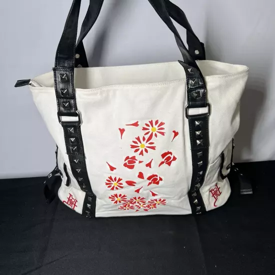 Ed Hardy White Canvas Tote Satchel Purse Leather Studded Trim 