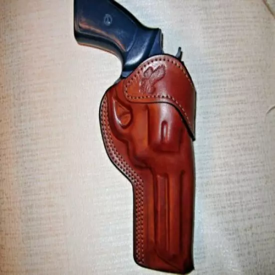 RUGER GP100 357 MAG. 4.2" BARREL, formed BROWN leather RIGHT HAND owb holster