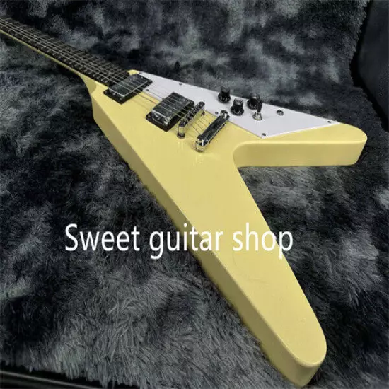 Yellow Flying V Electric Guitar Fixed Bridge Solid Body White Pickguard 6-string