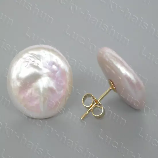 AAAA luster post natural 17mm fastener coin white pearls Earrings 14K Stud c1163