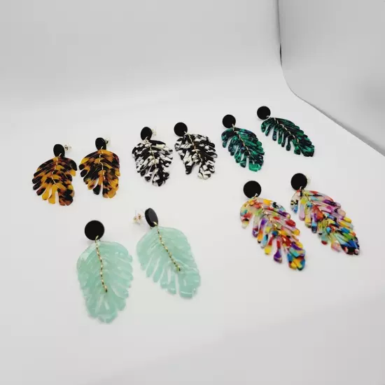 Leaf Shape Drop Dangle Earrings 5 Pair Set - Resin Acrylic Boho Women's Jewelry