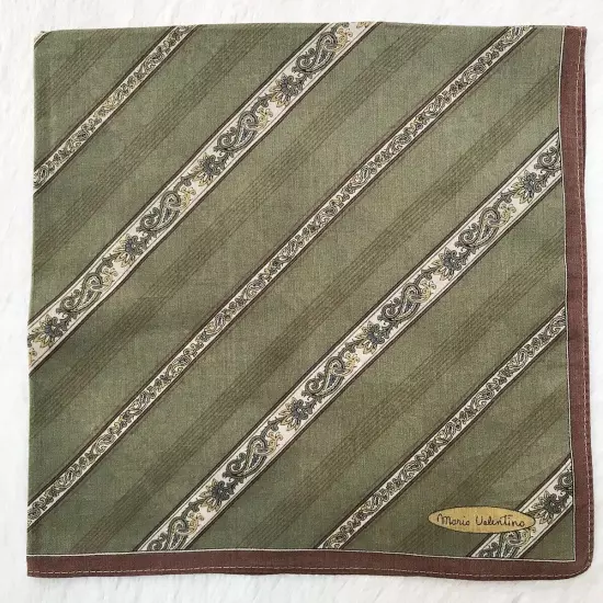 Vintage Handkerchief Green Cotton Diagonal Striped Paisley Pattern Pocket Square