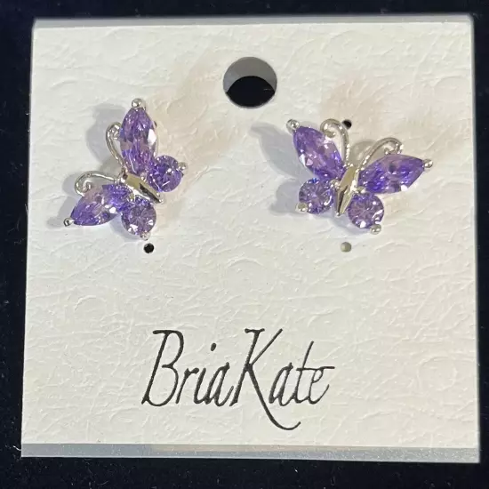 New Bria Kate Butterfly Pierced Earrings Silver Tone & Amethyst Rhinestone