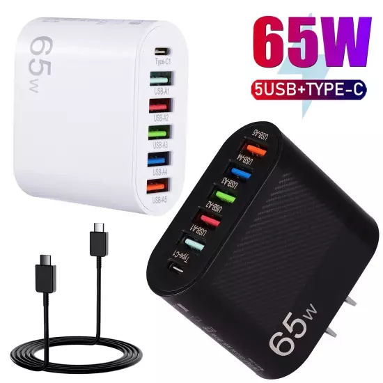 65W Super Fast Charge Wall Charger Adapter 5 USB Port + Type C Universal Charger