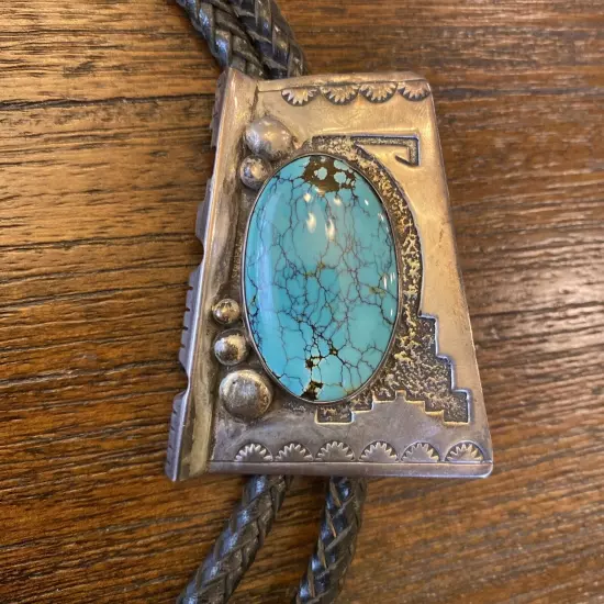 Native American Sterling Silver Turquoise Bolo Tie Dated