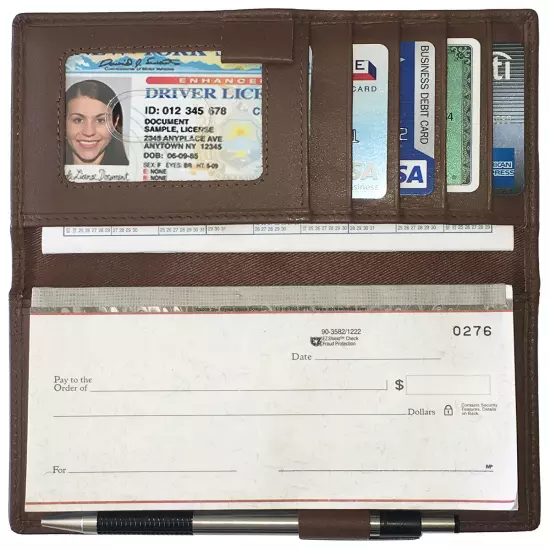 RFID Leather Checkbook Cover With Credit Card Slots and Pen Holder