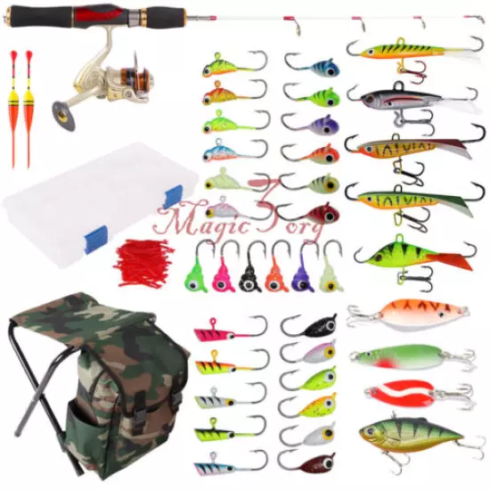 Winter Fishing Outfit Tackles Backpack Seat Reel Rod Lures Combos Pike Panfish