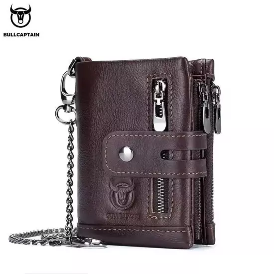 BULLCAPTAIN Men RFID Blocking Genuine Leather Card Holder Zipper Wallet Chain