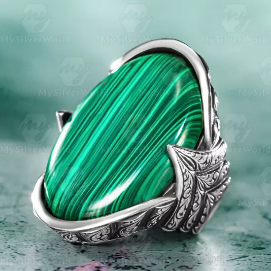 925 Sterling Silver Malachite Stone Engraved Design Handmade Huge Men's Ring