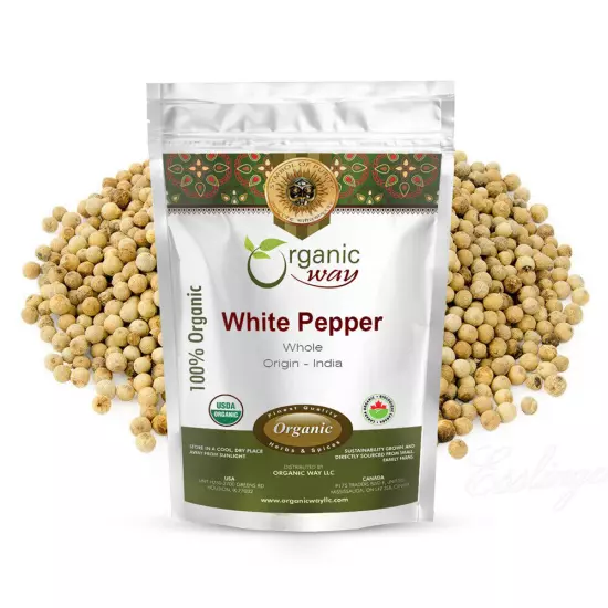 Organic Way White Peppercorns Whole - Organic, Kosher & USDA Certified