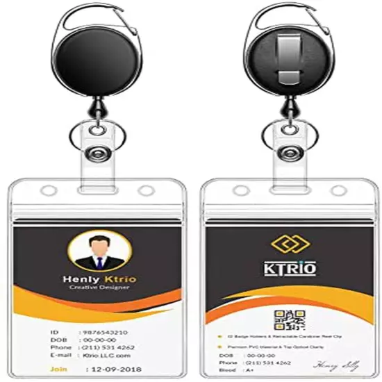 2 Pack Retractable ID Badge Holders with Heavy Duty Carabiner Reel Clip Vertical