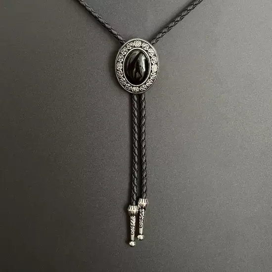 Natural Black Onyx Stone Bolo Tie Western Vintage Alloy PU Rope Wedding Necklace