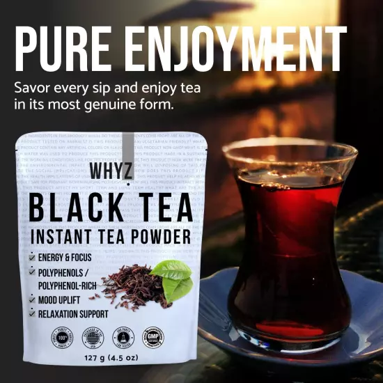 WHYZ Strong Black Tea Powder 4.5 oz, Zero Sugar Black Tea, Boost Energy & Health