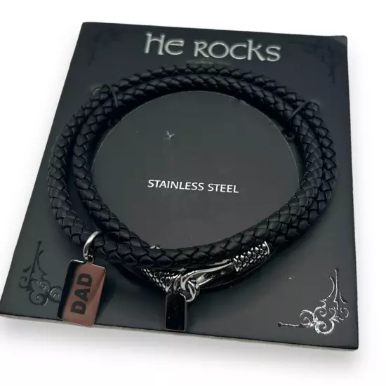 NWT He Rocks Men's Stainless Steel Dad Leather Wrap Bracelet in Black NEW