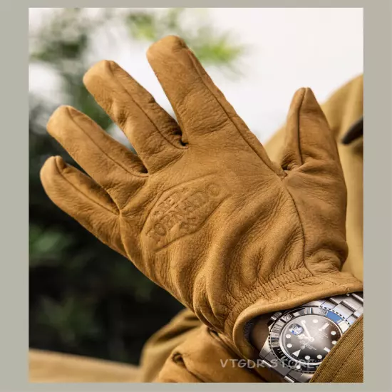 Red Tornado Cowhide Leather Gloves Lined Vintage Motorcycle Rider Gloves Khaki