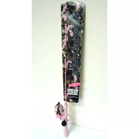 "Shakespeare Pole Fishing Kit Camo PINK Beginners Casting Rod & Reel Toy Fish 