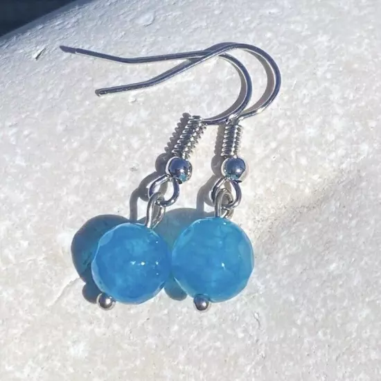 Turquoise Blue glass bead drop earrings 8 mm faceted ball bead