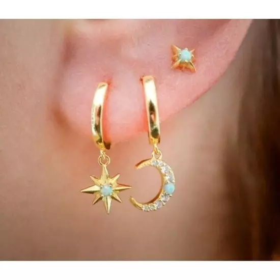 Celestial Moon Star Huggie Gold w/ Opal & Cubic Zirconia Dainty Hoop Earrings