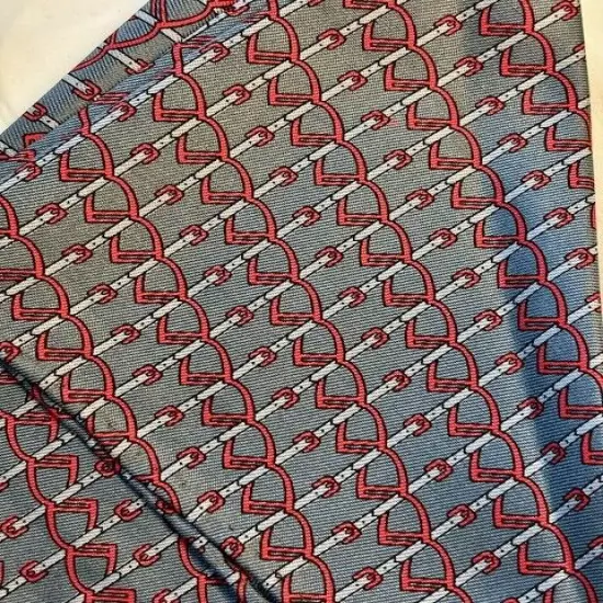 Silk Silver Grey Pocket Square 14 ¼” Hankie with Printed Red Stirrups & Buckles