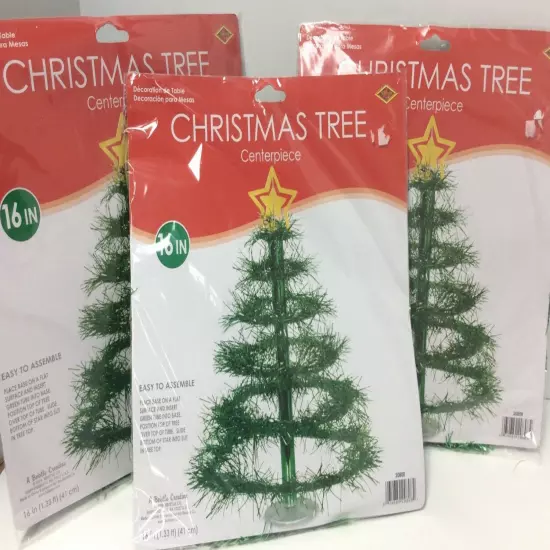 Lot of 3 Beistle Christmas Tree Centerpiece Decorations 16" Green tinsel 