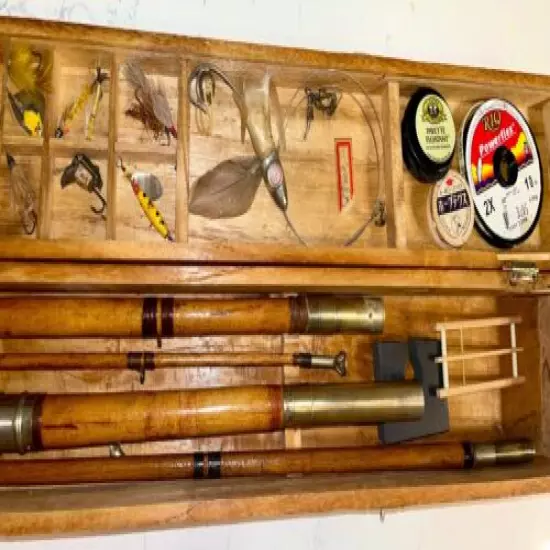 Vintage Bamboo Fly Fishing Rod Handmade Complete w/ Case Lures Line Set Japan