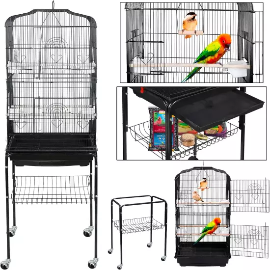 59.3 Inch Medium Pet Bird Cage with Detachable Rolling Wrought Iron Stand for Co