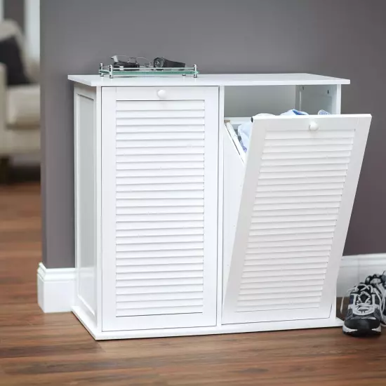 Tilt-Out Laundry Sorter Cabinet with Shutter Front, White, White Wood Shutter