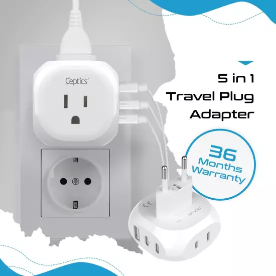 Ceptics European Travel Plug Adapter USA to Type C Italy,Iceland, Austria PTU-9c