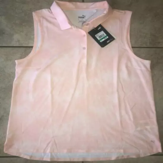 Womens Puma Floral Dye Sleeveless Golf Polo Peach 597698-03 Sz L NWT $55