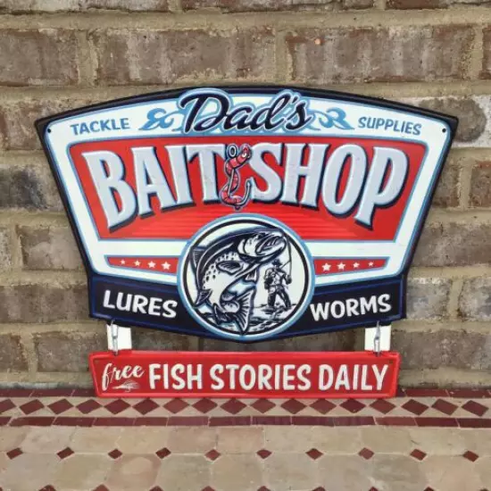 Dads Bait Shop Lures Worms Fish Stories Tackle Metal Sign Bass Man Cave Art Gift