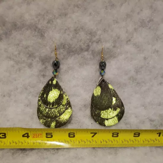 Geniune Leather and hemitite Earrings Made In The USA green shimmer