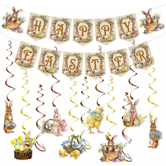 Happy Easter Banner Bunny Rabbit for Home Easter Party Wall Decor