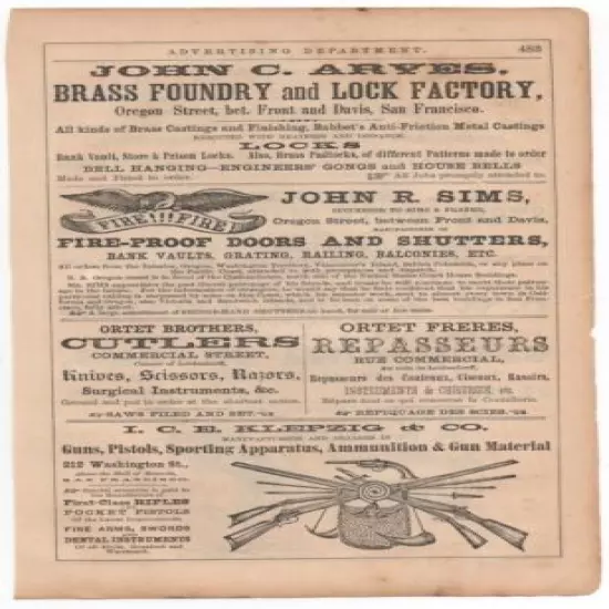 1880 San Francisco Gun & Billiard Maker Advertisement Klepzig Co & Joseph Bank 