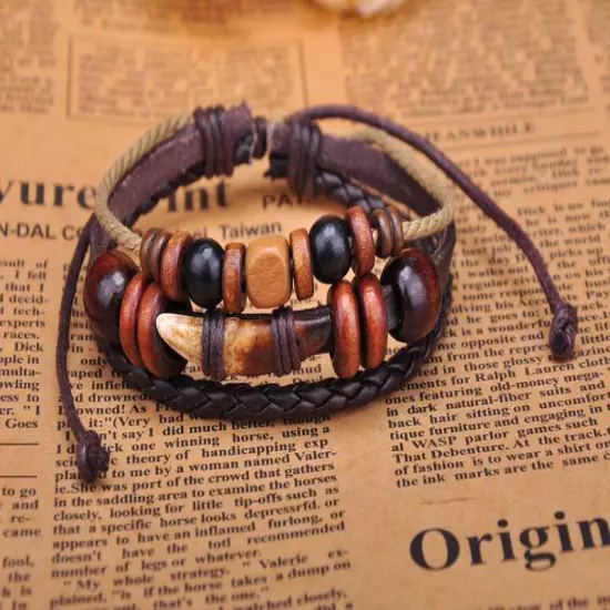 G276 Brown Cool Beach Leather Hemp Wood Beads Tooth Bangle Bracelet Cuff Men's