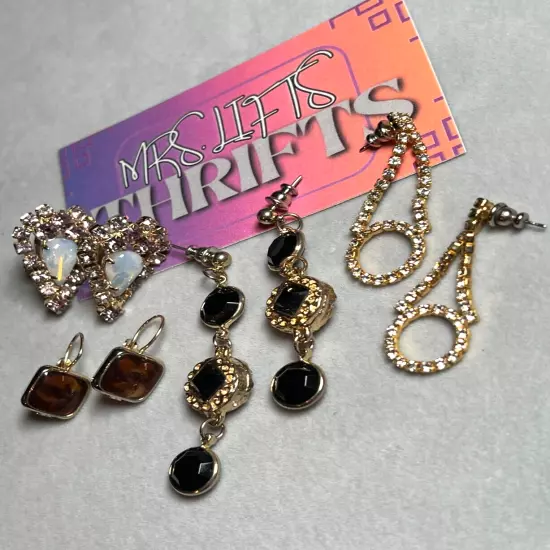 4 Pair Vintage Gold Tone Dangle Hanging Earrings Black Brown Enamel Faux Stone