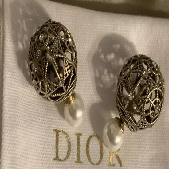 Christian Dior Cannage Caged Crystal Gunmetal Earrings Globe Tribal Tribales