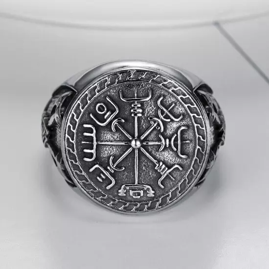 Vintage Viking Compass Cross Axe Ring Stainless Steel Men's Biker Jewelry Ring