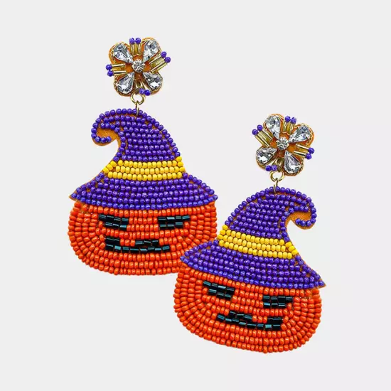 Orange Felt Back Beaded Witch Hat Pumpkin Dangle Earrings