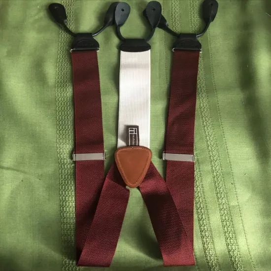 TRAFALGAR SUSPENDERS GRAY MAROON RED WOVEN PATTERN LEATHER BUTTON-ON