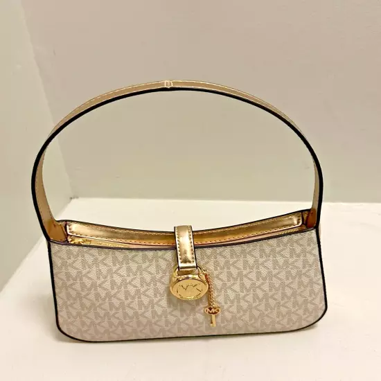 Michael Kors Lyra Small MK Signature Gold Handbag Purse Bag Shoulder Handbag