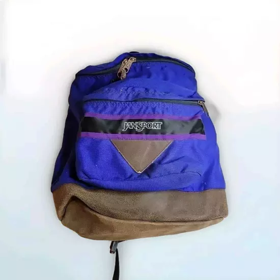 Jansport Vintage Leather Bottom Backpack Superbreak Blue Purple Stripe Flat Top