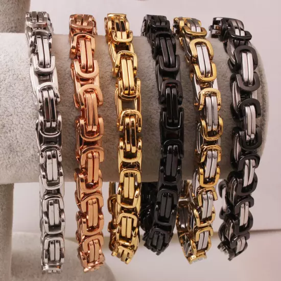 4/6/8mm Mens Womens Silver Gold Black Stainless Steel Byzantine Chain Bracelet