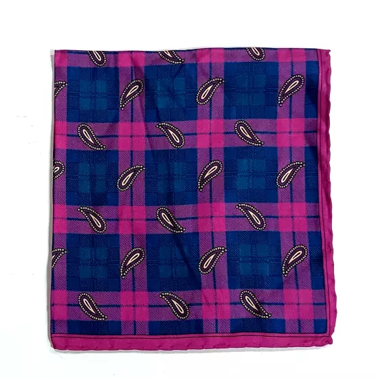 Ferrell Reed Silk Pocket Square Men's Pink Blue Plaid 16.5" Rolled Hems Italy