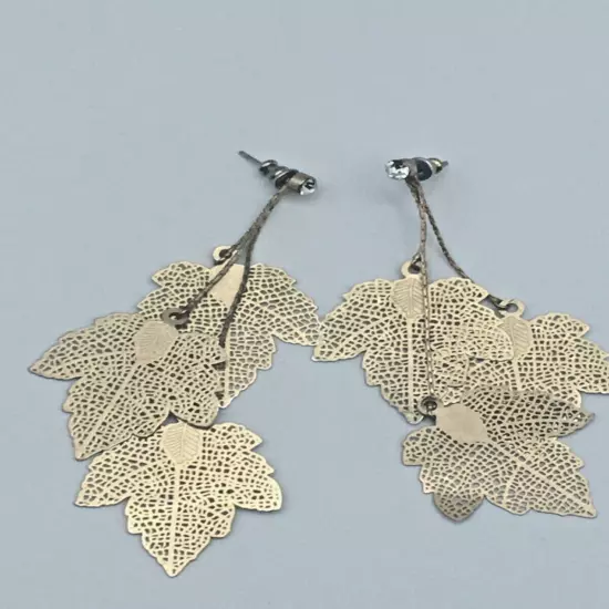 Gold Tone 3 Maple Long Dangle Leaf Rhinestone Earrings 3.5”