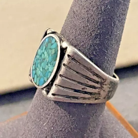 Sterling Silver native designed crush Turquoise Signet Ring Size 8.5--1389.23