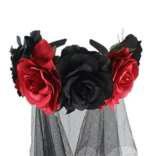 Ladies Mexican Day Of The Dead Black Veil Rose Headband Halloween Headpiece